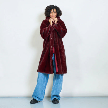 Faux Fur Coat with Hood and Gold Details