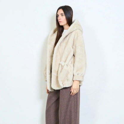 Women's Short Coat with Faux Fur Hood