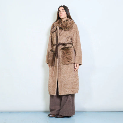 Long Faux Fur Coat with Belt and Contrasting Pockets