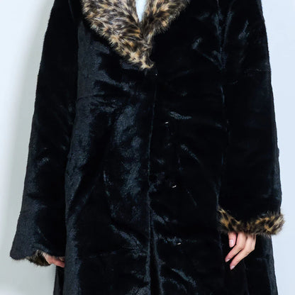 Faux Fur Coat with Contrasting Animal Print Details