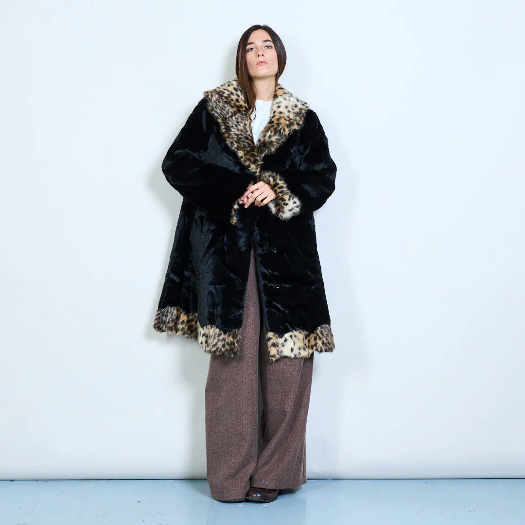 Faux Fur Coat with Contrasting Animal Print Details