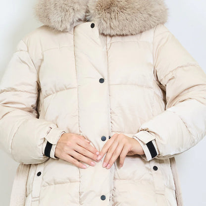 Women's Plus-Size Down Jacket with Fur Collar and Belt