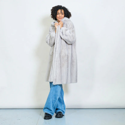 Faux Fur Coat with Hood and Gold Details