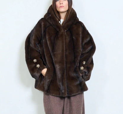 Short Faux Fur Coat with Hood and Jewel Buttons