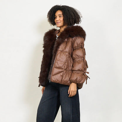 Women's down jacket with maxi faux fur hood