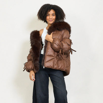Women's down jacket with maxi faux fur hood