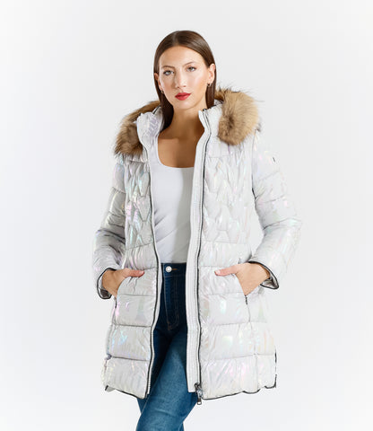 Shiny Down Jacket with Hood and Real Rabbit Fur