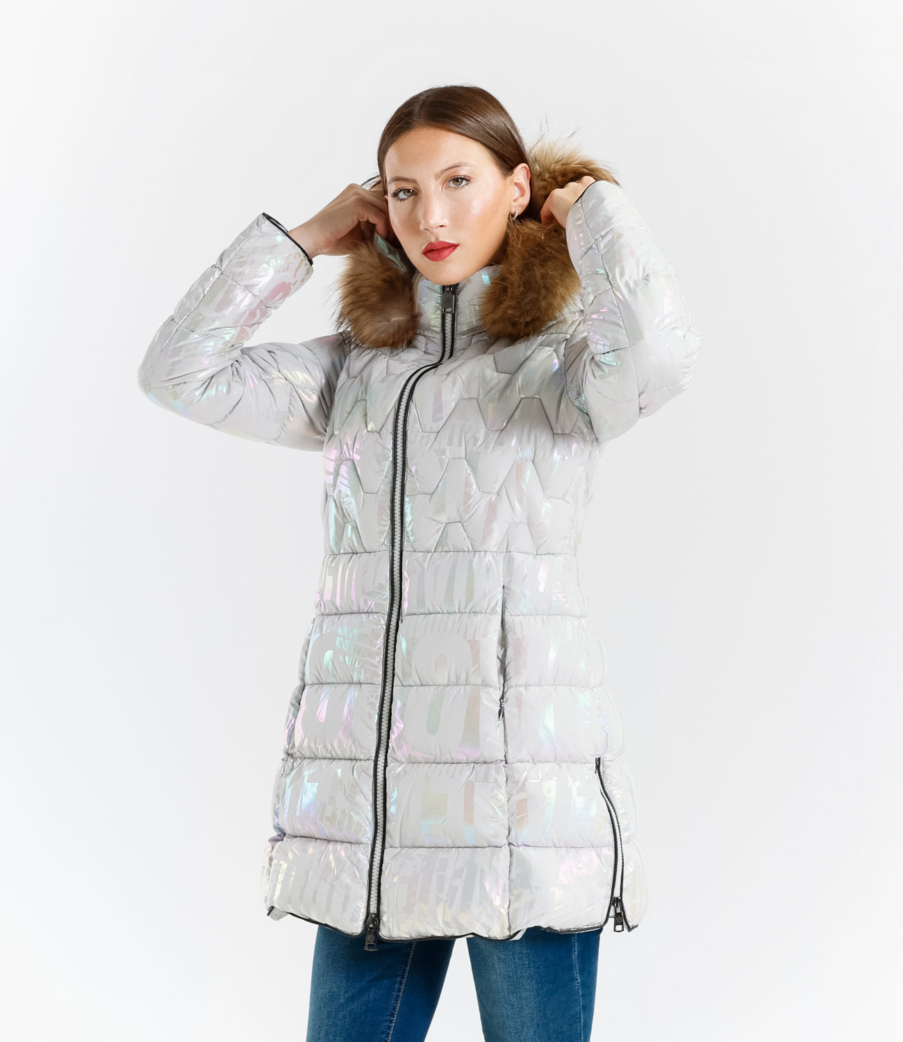 Shiny Down Jacket with Hood and Real Rabbit Fur