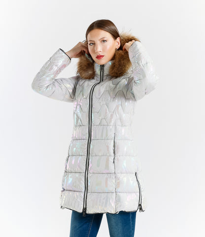 Shiny Down Jacket with Hood and Real Rabbit Fur