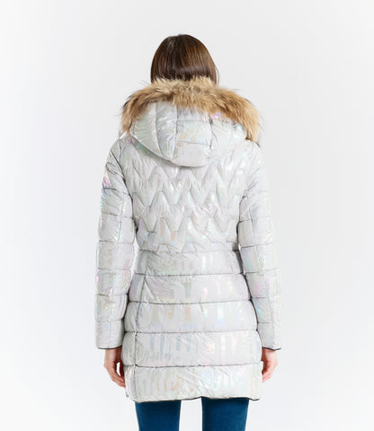 Shiny Down Jacket with Hood and Real Rabbit Fur