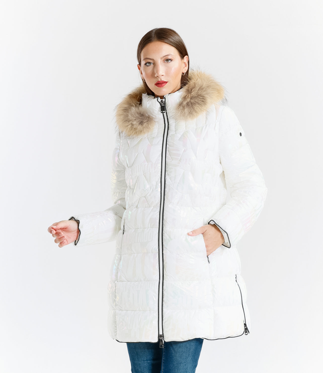 Shiny Down Jacket with Hood and Real Rabbit Fur