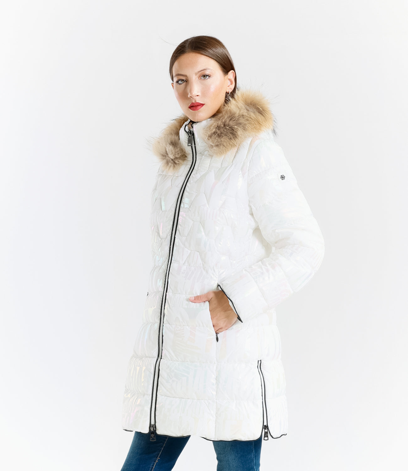 Shiny Down Jacket with Hood and Real Rabbit Fur