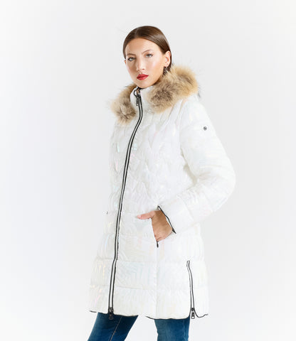 Shiny Down Jacket with Hood and Real Rabbit Fur