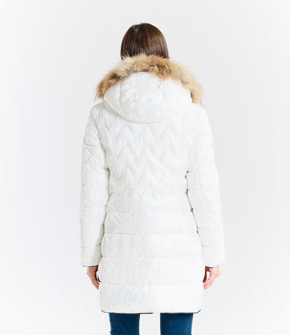 Shiny Down Jacket with Hood and Real Rabbit Fur