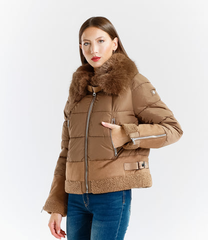 Women's short padded jacket with fur collar