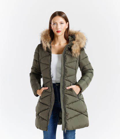 Piumino  donna con cappuccio e bordo in pelliccia – Sunnyday