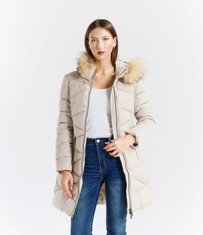 Piumino  donna con cappuccio e bordo in pelliccia – Sunnyday