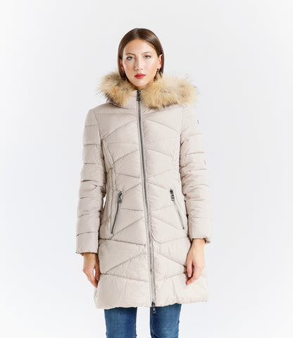 Piumino  donna con cappuccio e bordo in pelliccia – Sunnyday