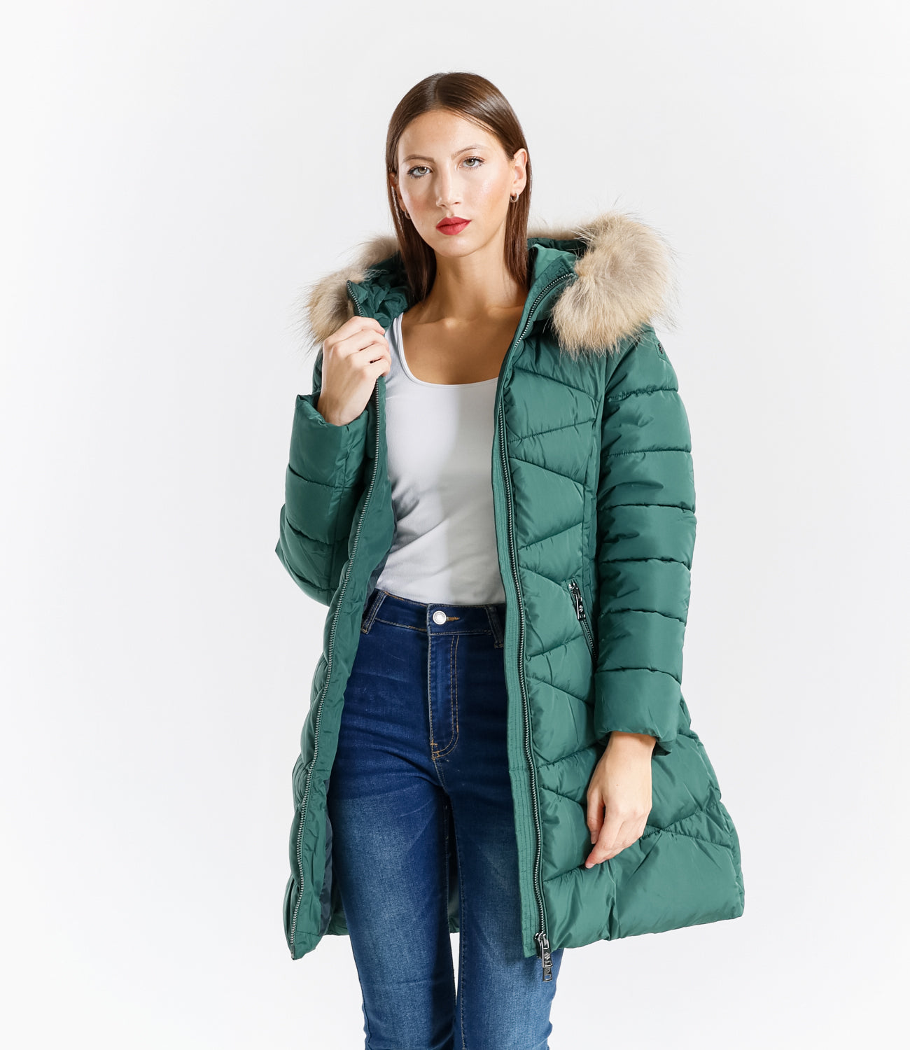 Piumino  donna con cappuccio e bordo in pelliccia – Sunnyday