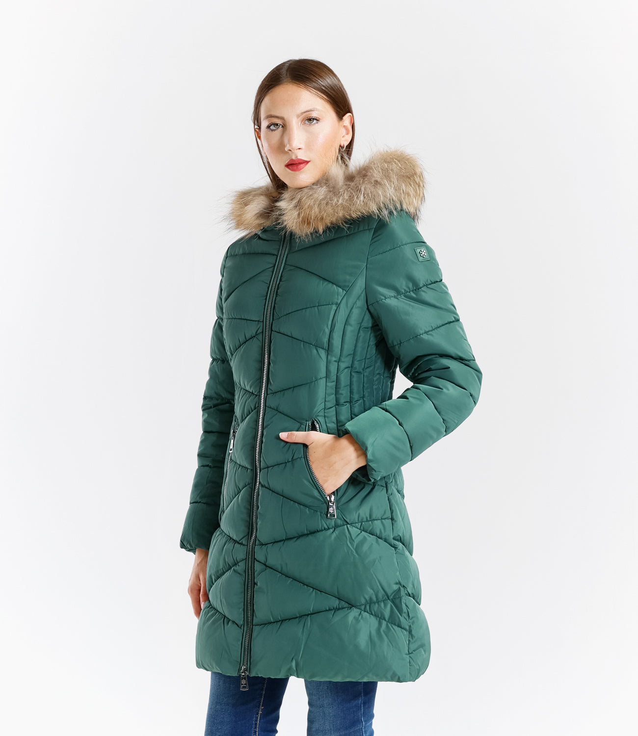 Piumino  donna con cappuccio e bordo in pelliccia – Sunnyday