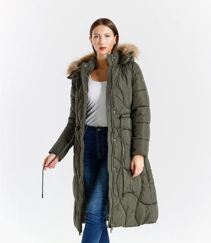Piumino lungo donna con cappuccio e bordo in pelliccia vera staccabile