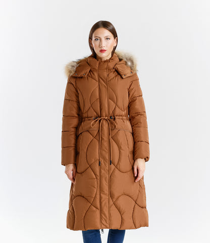 Piumino lungo donna con cappuccio e bordo in pelliccia vera staccabile
