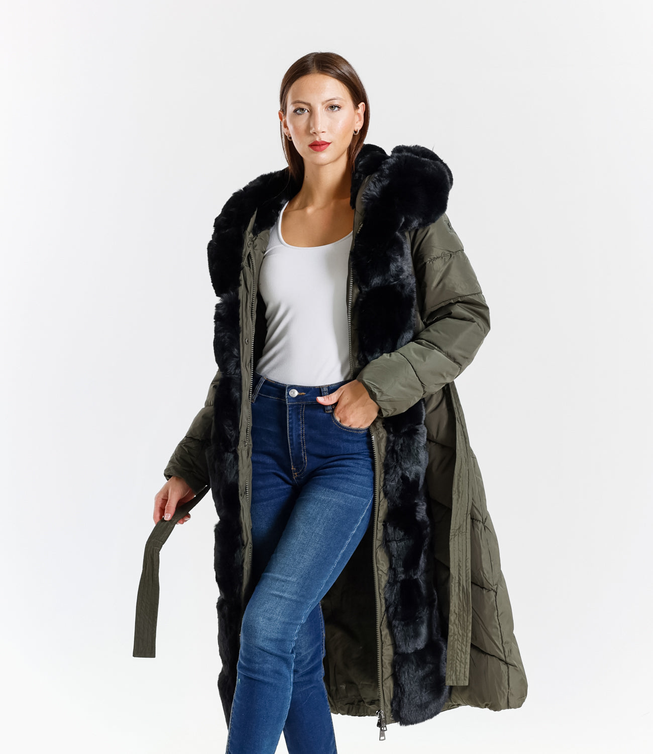 Piumino lungo donna con inserti in pelliccia sintetica e cintura